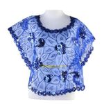 Cobalt Blue Mesh Caped Floral Print Top with Sequins And Beading Photo 0