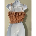 MIOU MUSE Women's Brown Ruffle Tie Strap Crop Top Size S Linen Blend Tan Photo 3