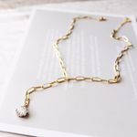 Short Y Necklace With Moon CZ Stone Charm Gold Photo 1