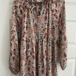 MELLODAY  Paisley Ruffle Blouse Tan Brown Size L Photo 0