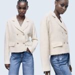 ZARA  Textured Tweed Double-Breasted Blazer in Ivory Cream Size Small NWT Photo 6