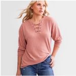 BKE  Pink Long Sleeve Lace-Up Tee Photo 2