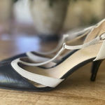 Ann Taylor LOFT Black Beige Leather Heels T-Strap Pumps 7.5M Made in Brazil Photo 0