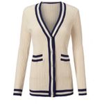 CAbi  Ribbed Radcliffe Cardigan Sweater Navy Blue Cream Small Photo 2