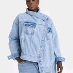 KBB by KAHLANA NWT Light Wash Asymmetrical Front Denim Jacket Size XXL Blue Photo 0
