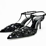 ZARA NWT black Pointed toe beading/RHINESTONE STILETTOS SLINGBACK high heels 8 Photo 2