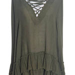 Entro Army Green Lace-Up Blouse Size Large Green Ruffle Blouse Photo 0