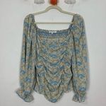 Rose + Olive  Puff Sleeve Peasant Cream Blue Floral Print Blouse Size Medium Photo 0