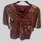 American Eagle New pink rose gold velvet flared sleeve lace up boho chic top SM Photo 0