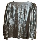 ZARA Top Womens Medium Metallic Shiny Deep V Neck Pleat Hidden Side Zip Blouse Photo 5