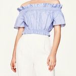 ZARA Crop Top XS Off Shoulder Striped Ruffle Back Tie Summer Blue White Cinched Photo 1