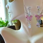 ALDO earrings pink butterfly crystal clear tear drops silver tone Photo 0