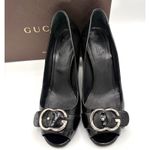 Gucci  Sachalin GG Buckle Patent Black Leather Peep Toe Heels Sz 39.5 Luxury Photo 2