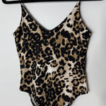 Women's Strappy Animal Leopard Print Going Out Top Bodysuit XS Mob Wife Y2K Tan Photo 0