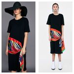 ZARA Black T Shirt Waist Scarf Midi Dress Size Medium Contrasting Detail Photo 1