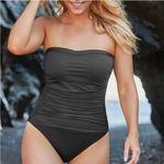 Tommy Bahama  Pearl Shirred Black Bandeau One-Piece Swimsuit Size 4 EUC Photo 2