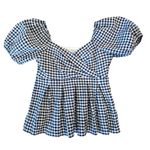 Draper James  Women’s Gingham Puff Sleeve Peplum Top Blue White Blouse Size L Photo 6