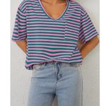 Amazon  brand Medium New in Bag Pink and Green Striped V Neck Tee Photo 2