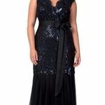 Tadashi Shoji Sequin and Tulle Lace Mermaid Gown Ribbon Tie in Navy 3T1430LX Photo 0