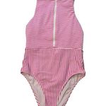 Splendid Seersucker Pink and White Striped Zip Front High Neck Swimsuit, Sz M Photo 4