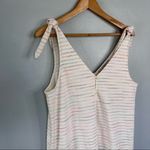 Loft  Bow Strap Button Front Linen Stripes Flounce Dress Ivory Multi-Color Medium Photo 4