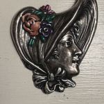 Victorian Revival Bonnet Lady Brooch • Art Nouveau Style Enamel Portrait Pin Silver Photo 0