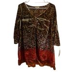 One World  NEW $68 Top Woman 1X Boho Hippie Velvet Whimsigoth Tiger Khaki Blouse Photo 0