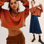 Free People  Easy Street Stripe Crop Pullover Sweater Brown Orange Large Photo 1