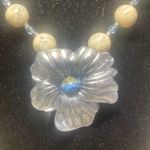 Handmade Vintage Plastic Bead Necklace Silver Flower Pendant Blue Center Magnet Clasp 16” Photo 1