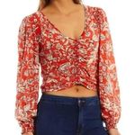 Free People Say The Word Crop Top XS Ruby Red Floral Ruched V Neck Boho Chic Photo 0