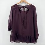 Le Marais Paris Silk Blouse Women's Medium Plum Ruffle Bow Back Sheer Roll Tab Purple Photo 6