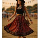 Vintage Mix Nouveau 100% Cotton Boho Patchwork Paisley Midi Skirt Red Black M Orange Size M Photo 0