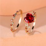 Heart Cut Red Zircon Gold Plated Engagement Ring Set Size 8 Bridal NWT Photo 1