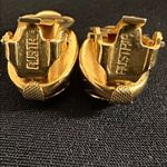 Vintage Austria set EUC goldtone & glass filigree floral brooch w/ clip earrings Red Photo 5