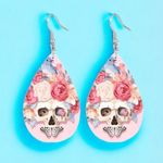 Pink Rose Flower Skull Print‎ Dangle Halloween Earrings Bohemian Faux Leather Photo 2