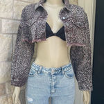 HYFVE  Cropped Animal Print Distressed Denim Jacket Women’s large Photo 0