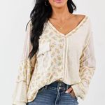 POL  Floral Patchwork Crochet Accent Oversized Long Sleeve Top Size M Photo 0
