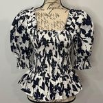 CeCe NWT cotton poplin smocked puff sleeve square neck top blouse M navy white Photo 0