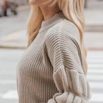 Miou Muse Beige Detail Sleeve Mock Neck Cropped Sweater Photo 2