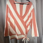 New York and Company Coral and Cream Striped Sweater Wrap Tie V Photo 0