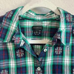 Talbots Navy Blue Green Red Plaid Snowflake Long Sleeve Button Up Dress Shirt XL Photo 2