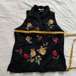 90s Black linen embroidered floral sleeveless blouse yellow red roses Size small Photo 6