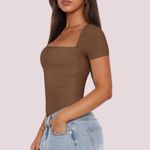 NWT REORIA Brown Square Neck Cap Sleeve Bodysuit Photo 1