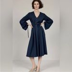 Tibi  Belted Cinched‎ Sleeve Midi Dress Navy Blue 2 Photo 3