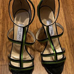 Jimmy Choo  Thistle Strappy Black Patent & Green Sandal Heel Shoes Photo 0