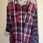 Caslon  Pink Blue Long Sleeve Plaid Floral Button Up Top Blouse Women’s Size XL Photo 0