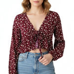 LA Hearts PacSun L.A. Hearts Floral Tie Front Long Sleeve Crop Blouse Burgundy White Med Photo 0