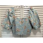 American Eagle Green/Cream Floral Smocked Short Puff Sl Top Size S NWT Linen Photo 3