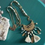 Women’s Boho Double Strand Mixed Bead Fringe Tassel Gold Tone Medallion Necklace Photo 0