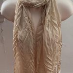 Beige Pleated Textured Acrylic Semi Sheer Scarf with Fringe Trim, size 69”x15” Tan Photo 0